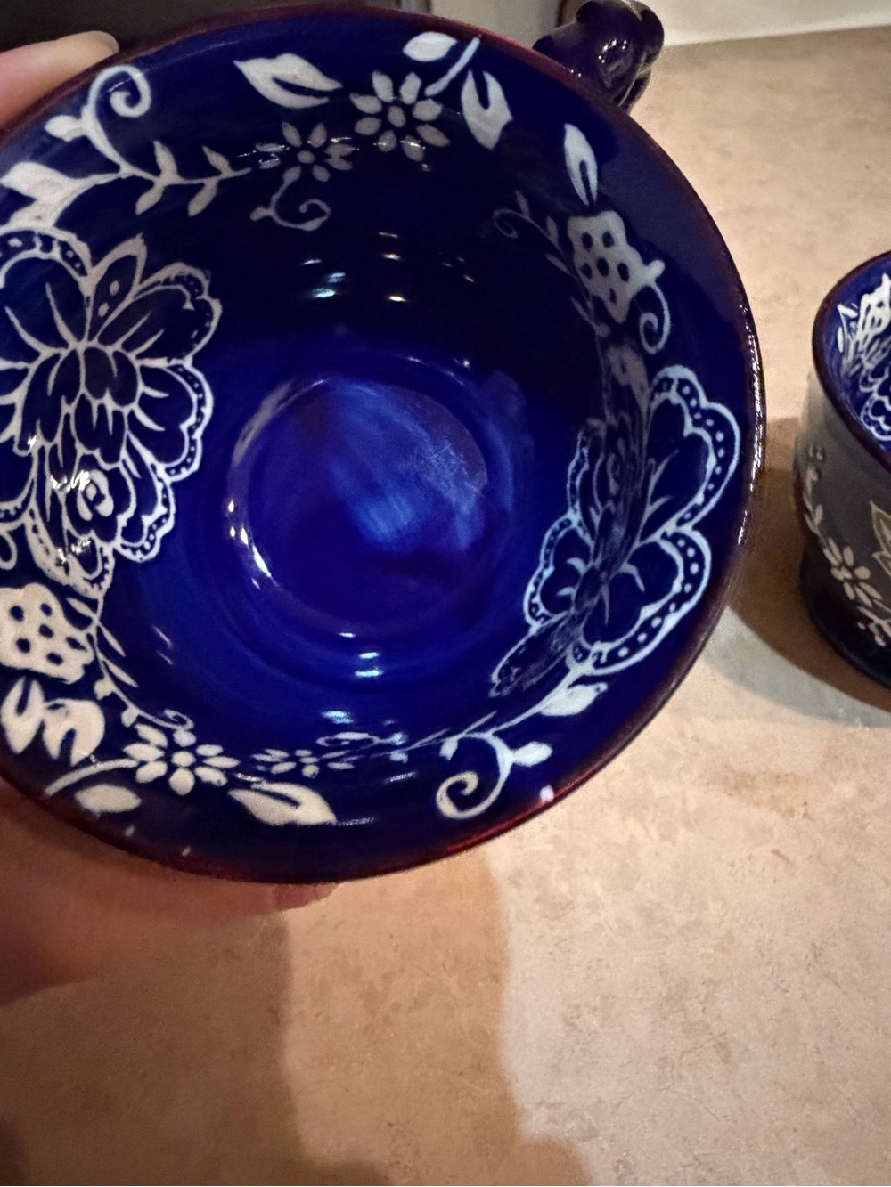 Hand-Painted Blue Floral Ceramic Mugs - Set of 2 - Picture 4 of 4
